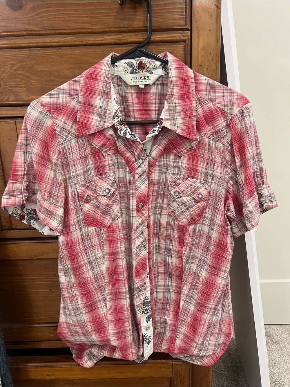 Roper Pink and White Plaid Short Sleeve Western Shirt